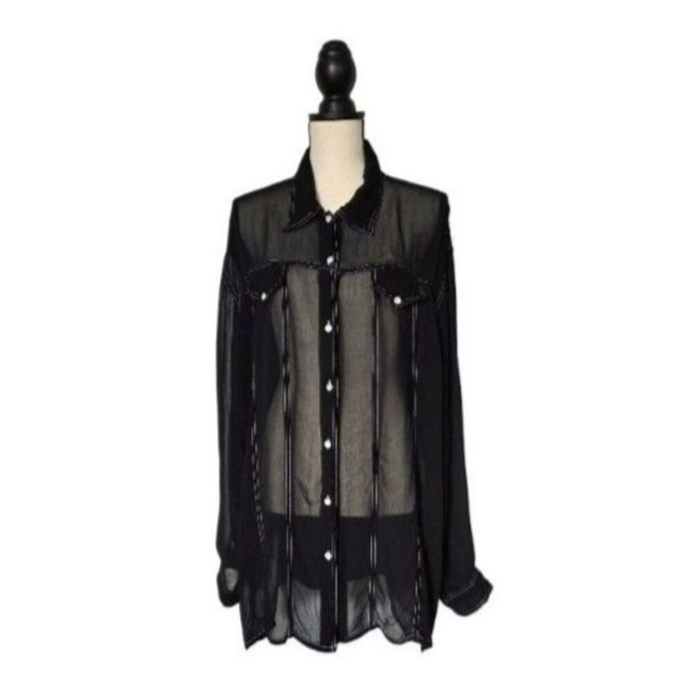 Forenza Vintage Western Contrast Stitch Women Shirt L Black Sheer Rayon